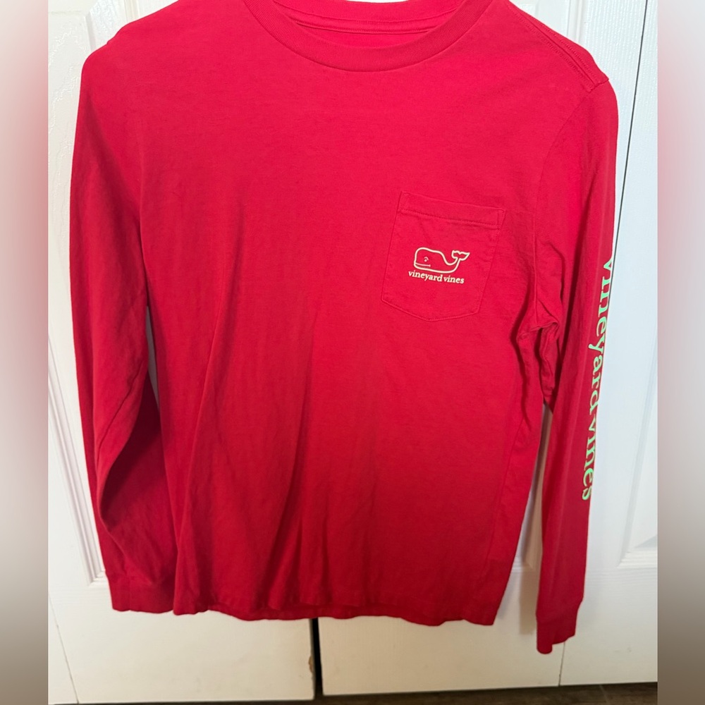 Vineyard Vines Youth Large 16 Red Long Sleeve Pocket Tee Whale Logo